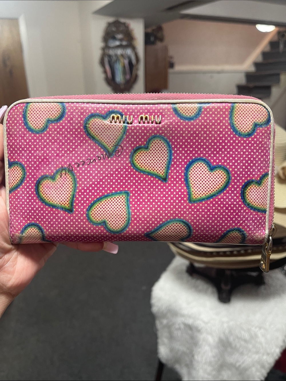 Miu Miu Hot Pink Heart Zip Wallet with Multicolor Accents